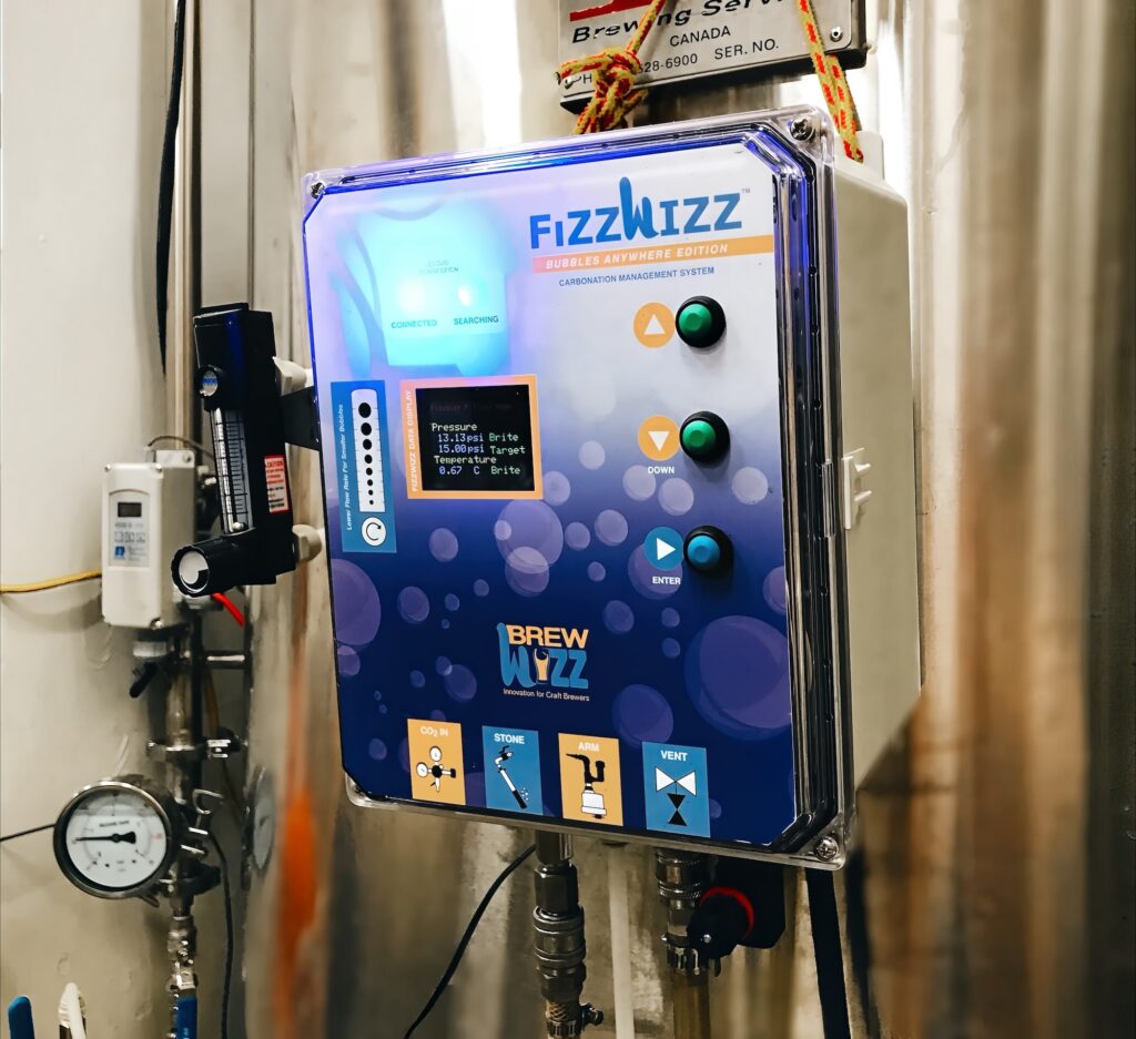 FizzWizz carbonation controller, Bubbles Anywhere Edition, mounted on a stainless steel tank